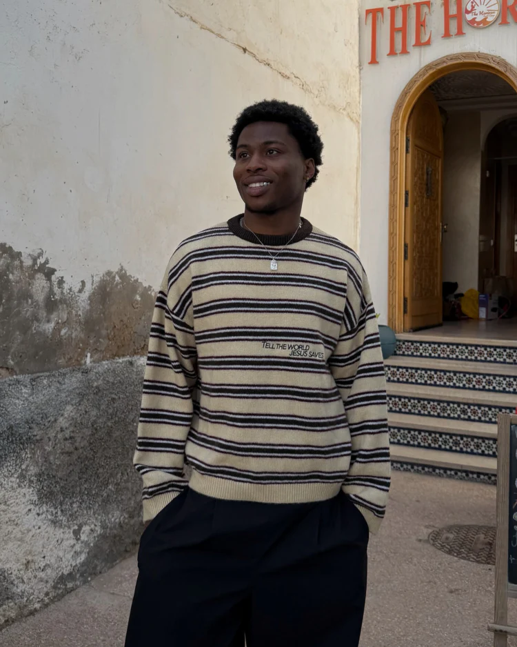 Striped Jesus Saves Knit Sweater - Image 2