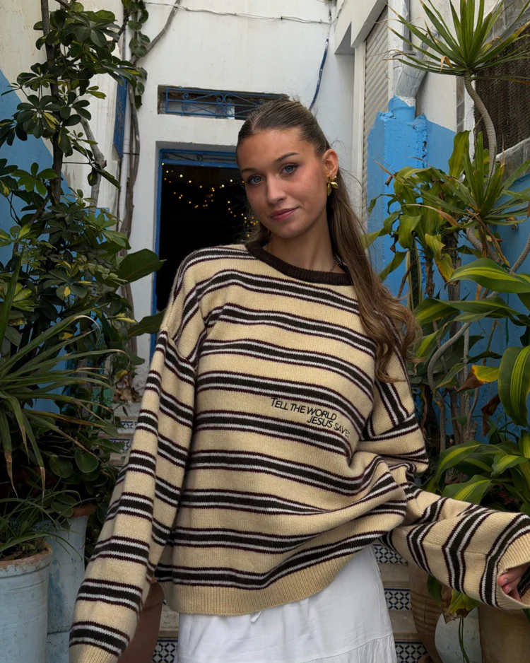 Striped Jesus Saves Knit Sweater - Image 3