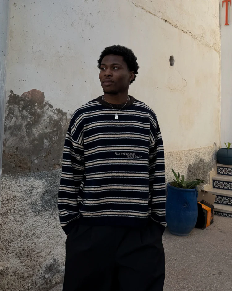 Striped Jesus Saves Knit Sweater - Image 3
